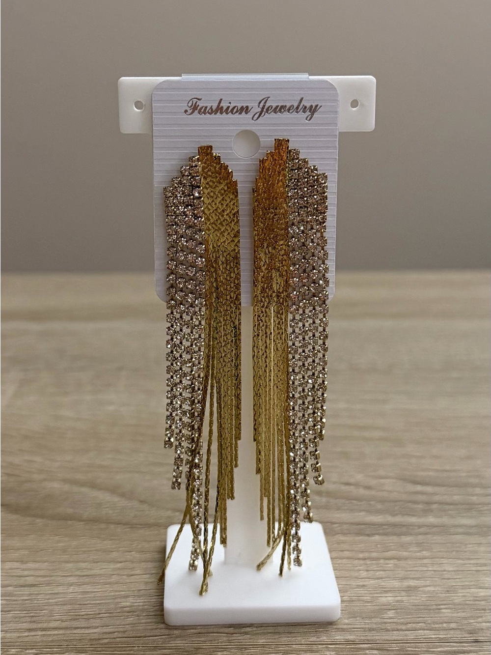 Gold Tone Rhinestone Fringe Tassel Statement Earrings NWT